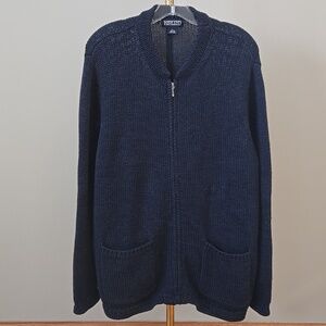 Lands' End Womens Vintage Navy Zip Up 100% Wool Cardigan Size Regular 18-20 XL